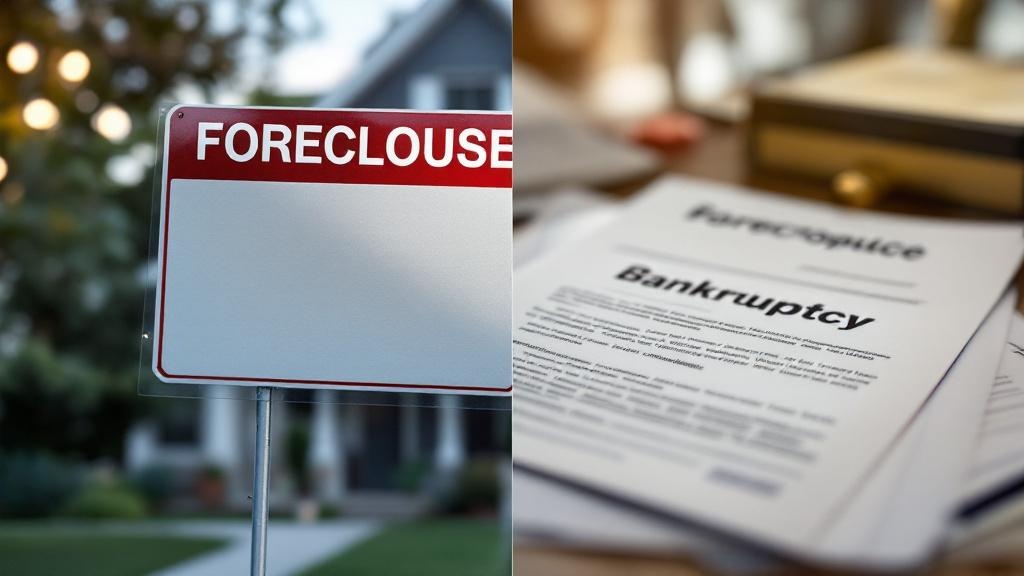 House with foreclosure notice and bankruptcy paperwork illustrating home ownership challenges
