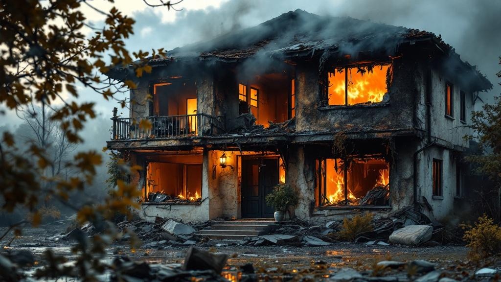 Fire damaged house showing structural damage and smoke stains on exterior