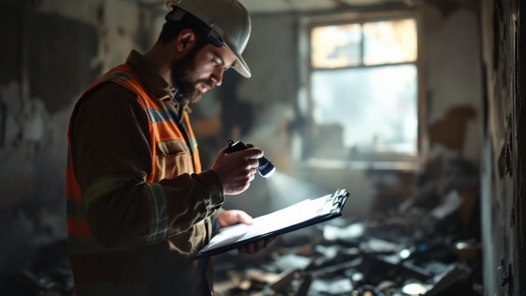 Professional damage assessor evaluating fire damage extent in residential property