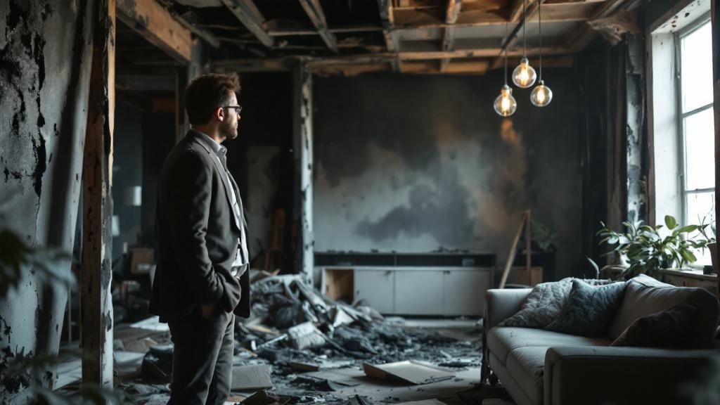 Real estate showing revealing fire damage to potential buyers in damaged home interior