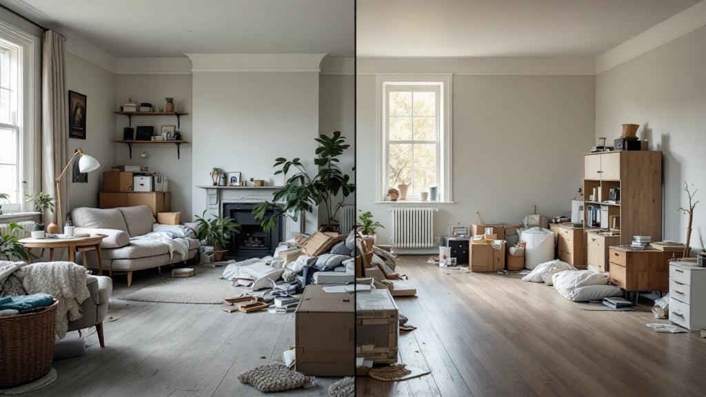 Hoarder house sale before and after cleanup comparison showing cluttered rooms and clean spaces