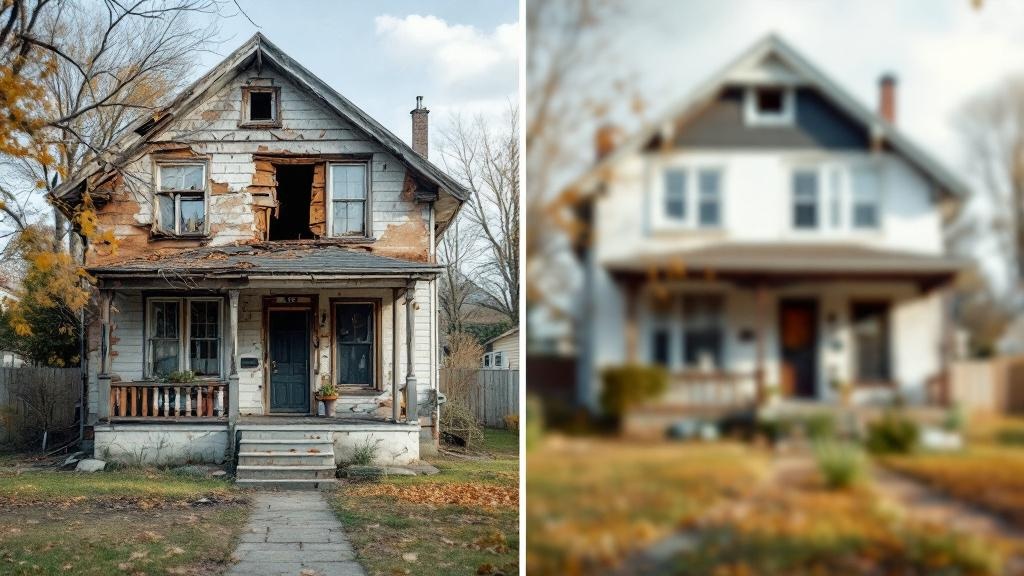 Fixer upper house with damaged exterior showing peeling paint, broken windows, and overgrown yard