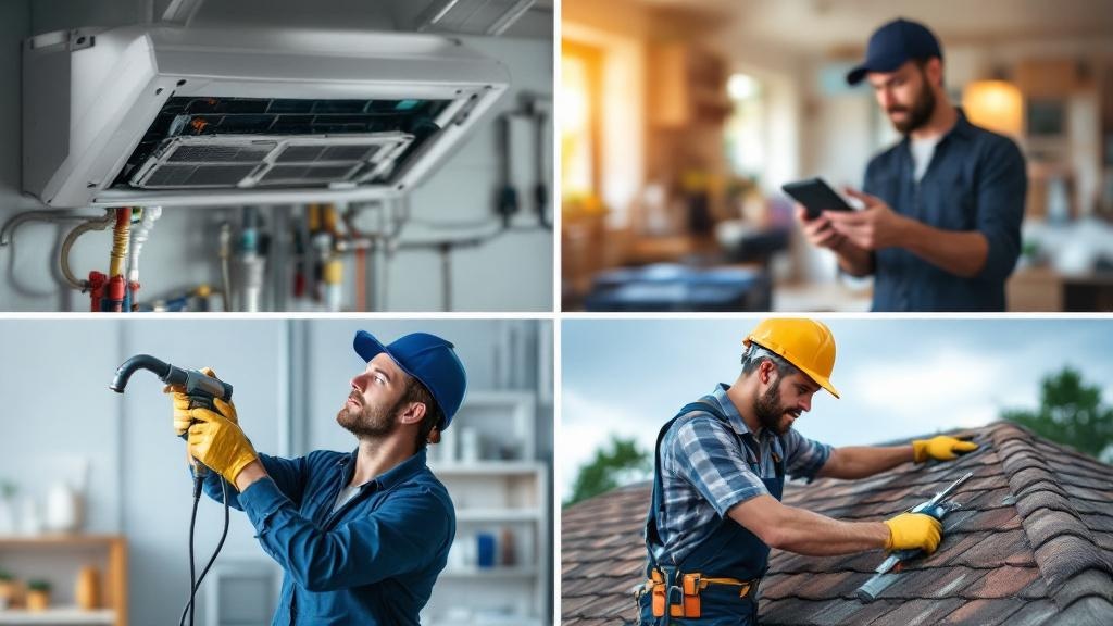 Multiple repair categories showing HVAC unit, electrical panel, plumbing pipes, and damaged roof