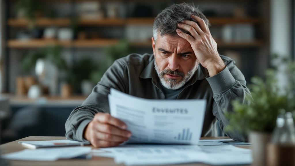 Homeowner reviewing multiple contractor estimates and repair bills on kitchen table
