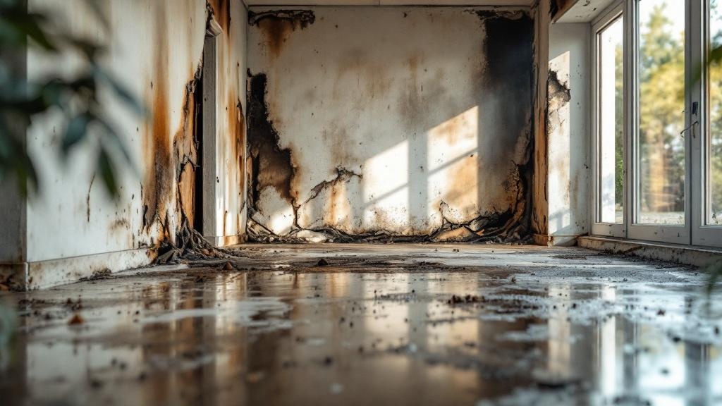 Interior of home with visible water damage and fire damage