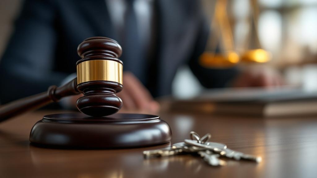 California divorce property sale legal proceedings with courthouse and house keys