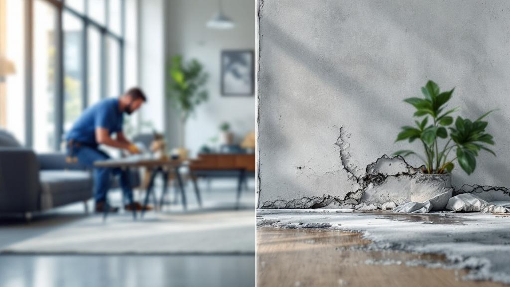 Fire and water damage property examples showing smoke damage and water-stained walls