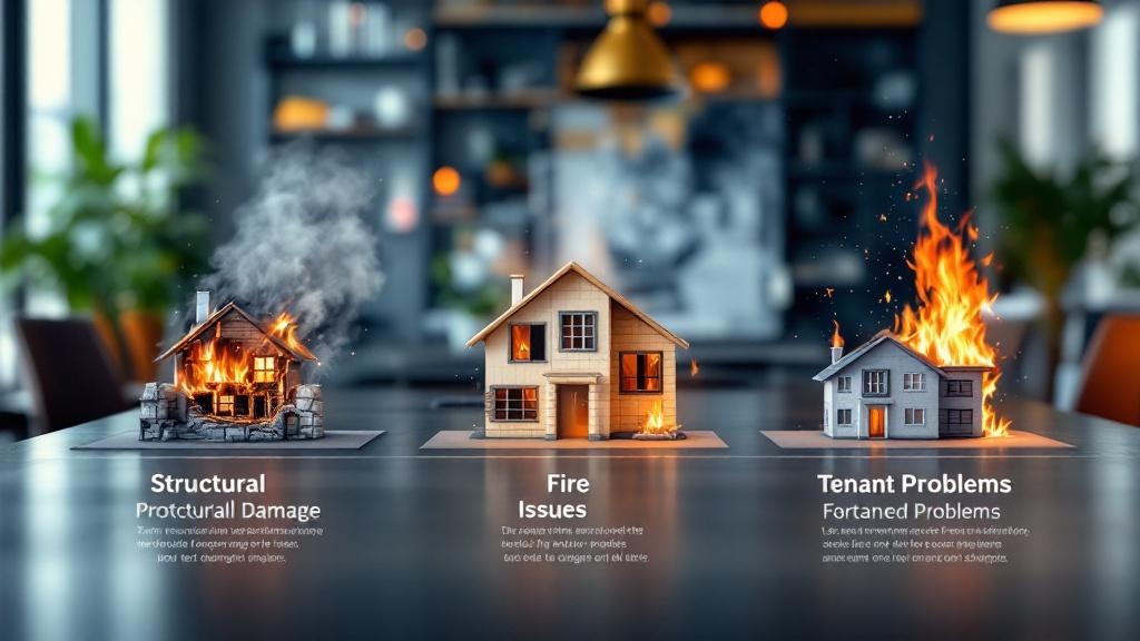 Common problem property types infographic showing structural damage, liens, and environmental hazards