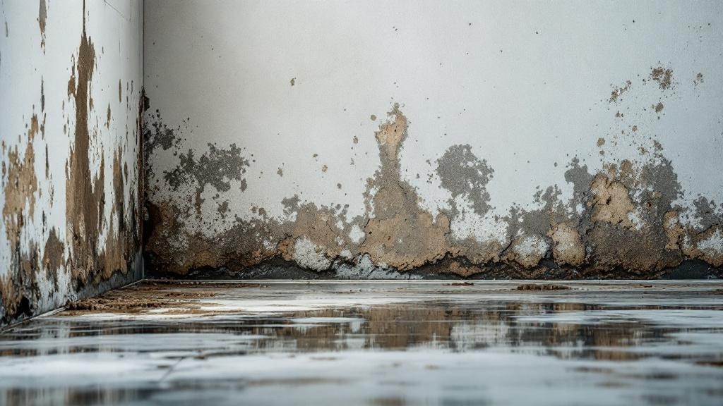 Water damage and mold issues in property showing dark stains on ceiling and walls