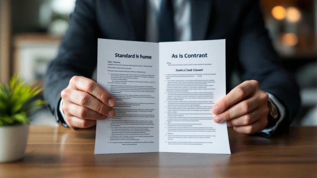 Comparison of standard home sale contract versus as-is sale contract highlighting legal differences