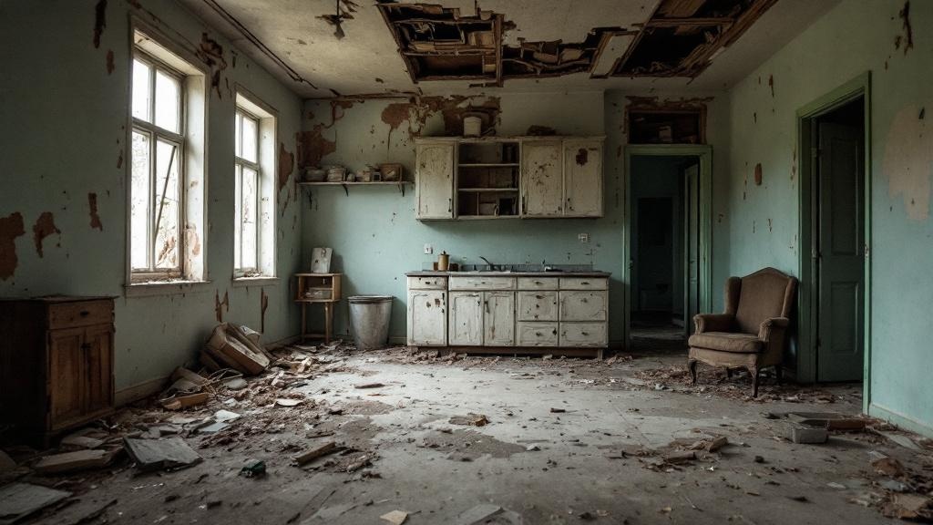 Interior view of ugly house with extreme cosmetic damage and neglect