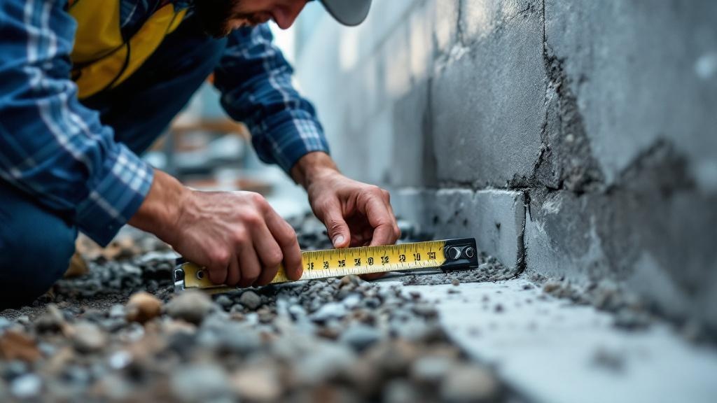 Professional foundation inspector examining house foundation for damage