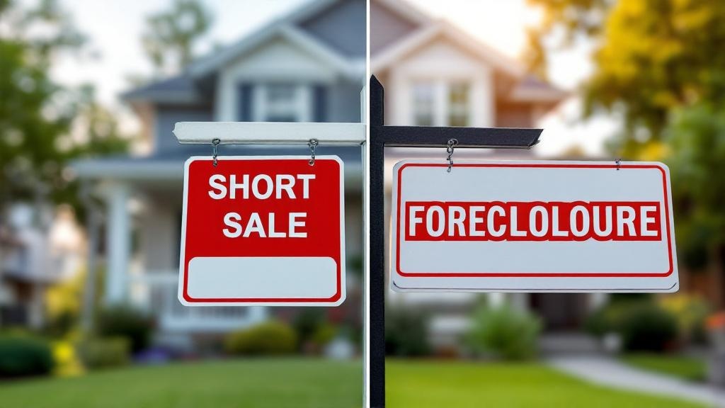 Short sale vs foreclosure comparison showing house with different signs