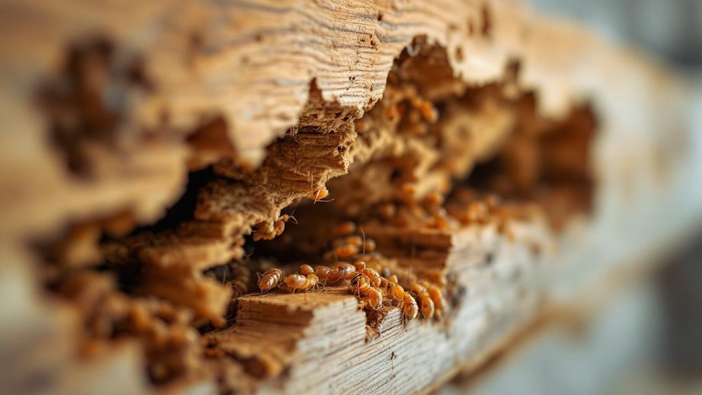 Termite damage in wooden beam showing hollowed structure and tunnels