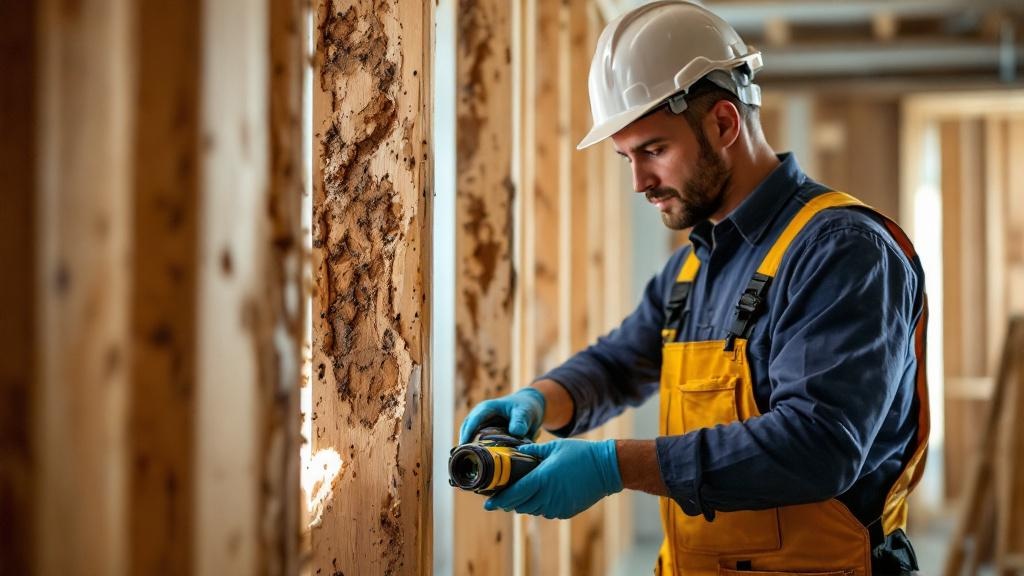 Professional termite inspector examining wood structure with specialized equipment