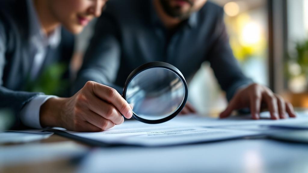 Title experts examining property documents with magnifying glass for comprehensive title review